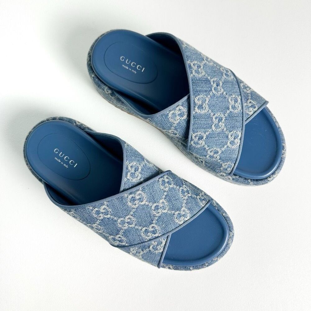Gucci Blue Denim Platform Sandal Slides - Picture 2 of 13